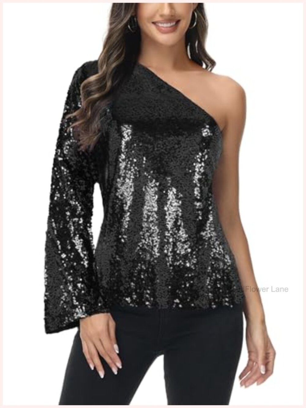 Sequin One Shoulder Party Top Long Sleeve Fitted Blouse